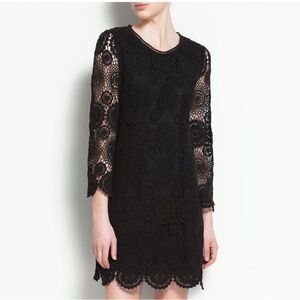 ZARA | Black Crochet Cotton Mini Scalloped Shift Dress